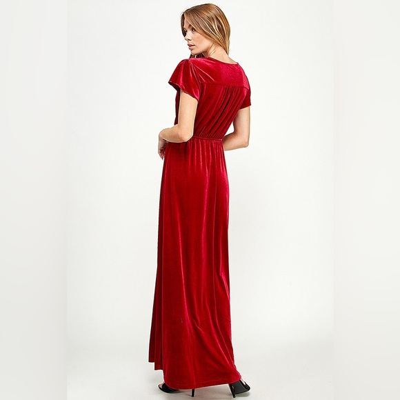 Velvet Maxi Dress Flutter Sleeve Formal V Neck Long Gown Red NWT - Picture 5 of 8